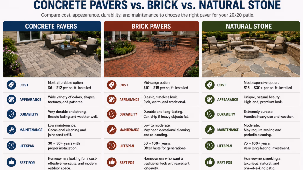 Comparison of concrete pavers, brick pavers, and natural stone for a 20x20 patio, showing differences in cost, appearance, durability, maintenance, lifespan, and best use.