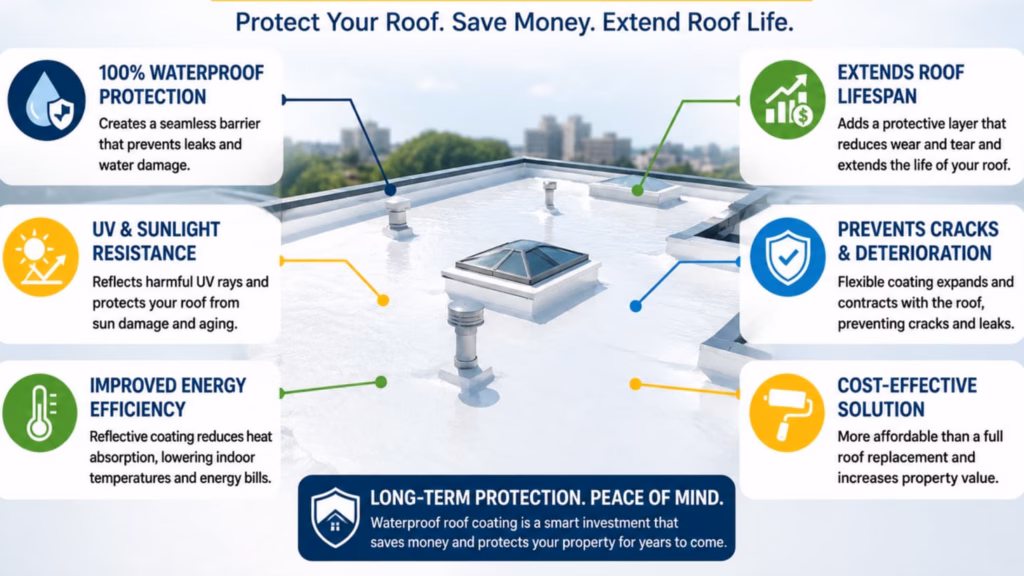 Benefits of waterproof roof coating, including leak protection, UV resistance, energy efficiency, and extended roof lifespan