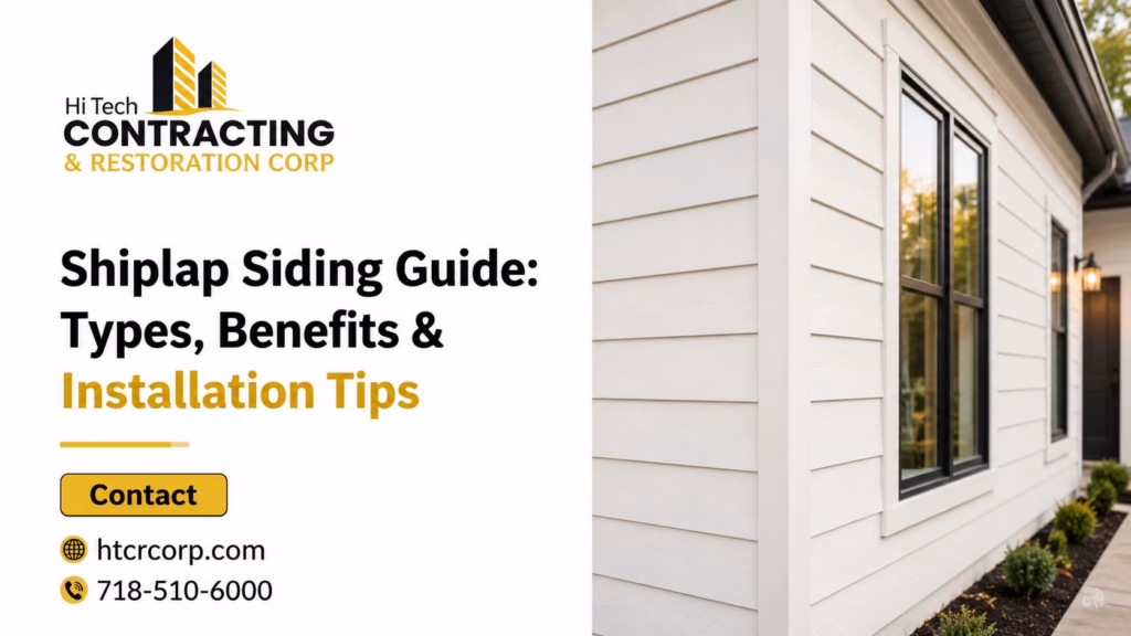 Shiplap siding guide featuring a modern home exterior with white shiplap siding and professional siding installation information