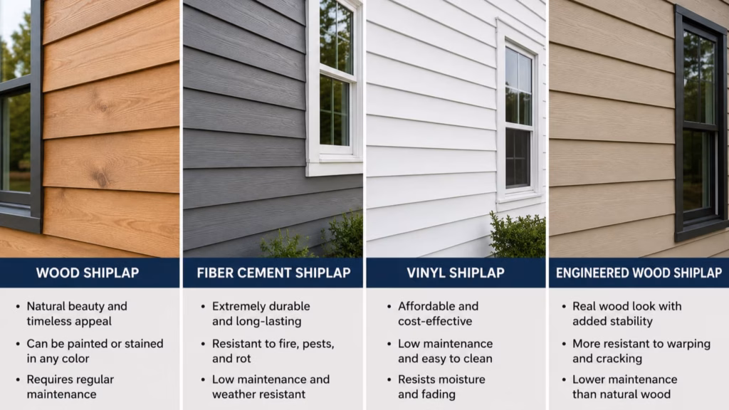 Types of shiplap siding including wood, fiber cement, vinyl, and engineered wood siding options
