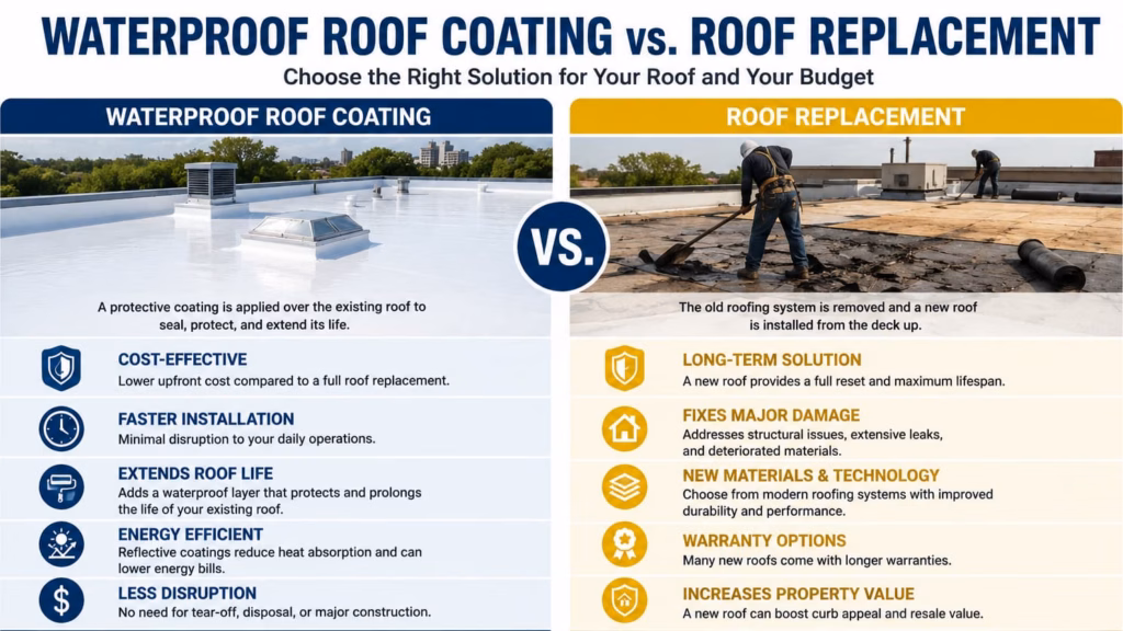 Waterproof roof coating vs. roof replacement comparison showing costs, benefits, installation, roof lifespan, and best-use conditions