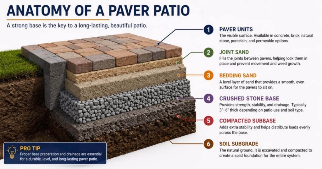 Anatomy of a paver patio with labeled base layers
