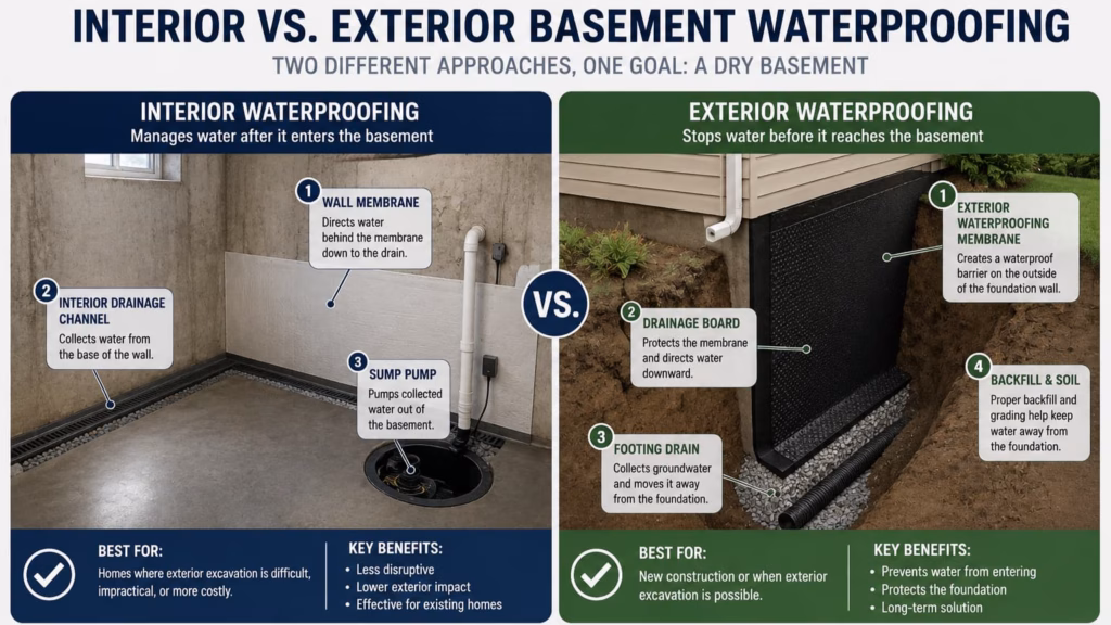Comparison of interior and exterior basement waterproofing methods with drainage systems, waterproof membranes, and sump pumps