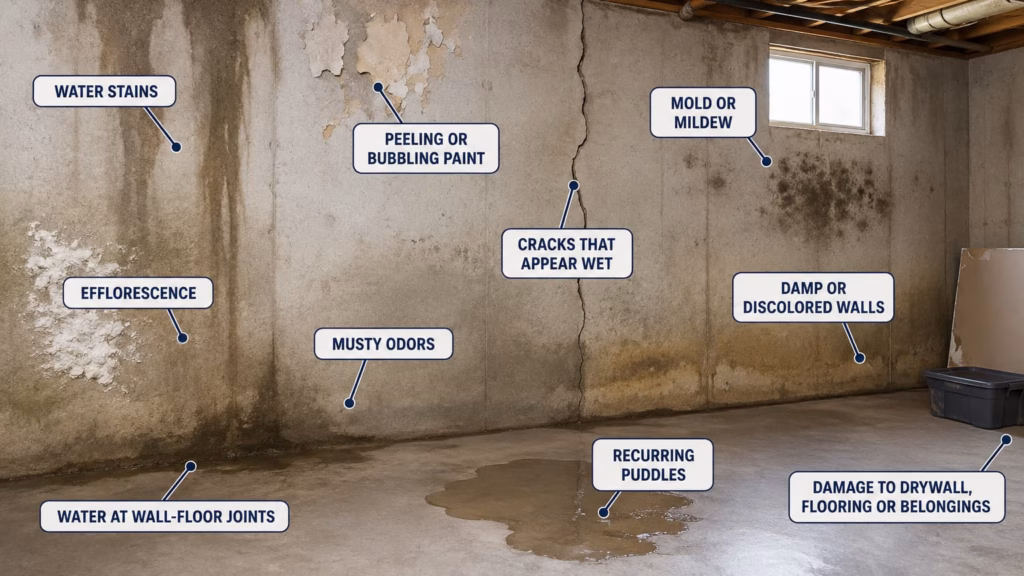 Signs of basement moisture including water stains, efflorescence, wet foundation cracks, mold, peeling paint, and recurring puddles