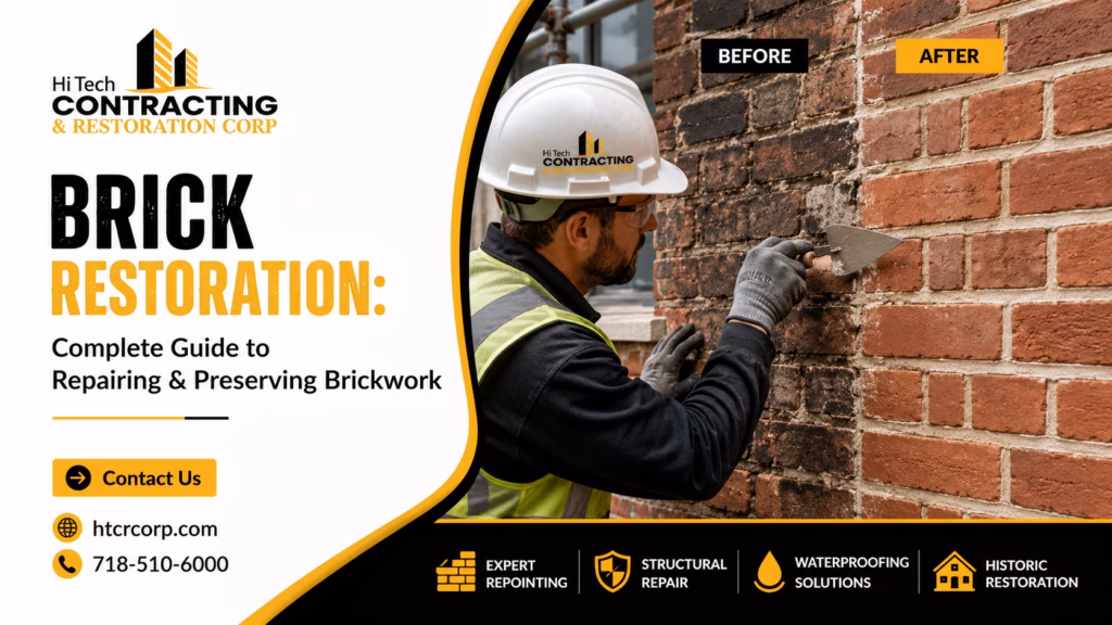 Brick restoration work on a masonry wall, showing repaired and renewed brickwork with improved structural integrity and appearance
