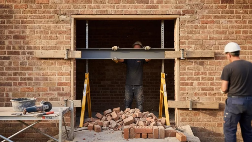Window lintel replacement work on a brick masonry wall, showing the installation of a new structural support above the window opening