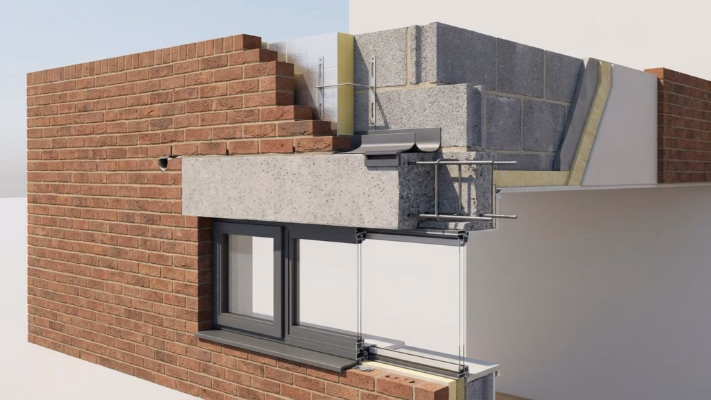 Residential window with a structural lintel installed above the opening to support the surrounding brick masonry