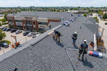Roofing contractors installing asphalt shingles on a commercial building