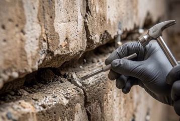 A close-up view of a cracked exterior concrete wall showing a construction worker applying fresh cement into the gap using a small trowel to restore structural integrity.