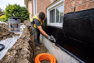 A construction professional in a safety vest works in an excavated trench, applying a black waterproof foundation sealant to the base of a brick home with a white-framed basement window. A coil of bright orange French drain pipe is visible in the foreground, and a bucket of "Foundation Sealant" rests near the dirt.