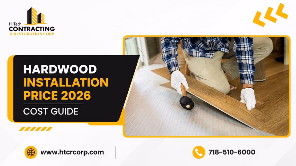 Hardwood flooring installation in a residential interior, showing neatly laid wood planks creating a warm and durable floor surface