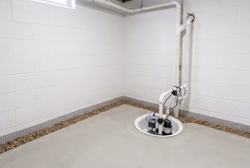 A newly waterproofed basement corner featuring clean white masonry block walls, a concrete floor with a perimeter French drain trench filled with gravel, and a dual sump pump installation with PVC discharge piping.