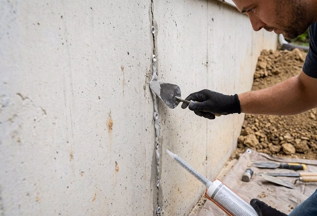 A close-up, high-angle photograph shows a professional technician in a black work glove using a specialized trowel and an epoxy injection gun to precisely fill and reinforce a structural crack in a textured concrete foundation wall. The repair process restores structural integrity.