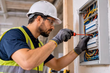 Licensed electrician inspecting and repairing wiring inside an electrical breaker panel.