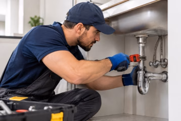 Professional plumber repairing sink plumbing and tightening pipe connections with a wrench.