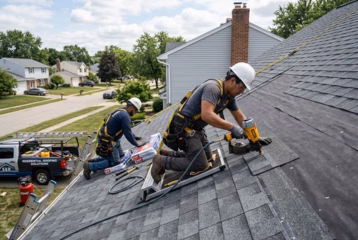 Roofers installing asphalt shingles on a residential roof