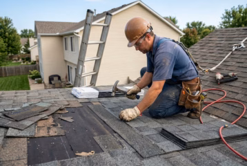 Roofer repairing damaged asphalt shingles on a residential roof