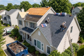 Roofers replacing asphalt shingles on a residential roof