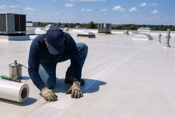 Worker working on a tpo roof checking for the maintenance