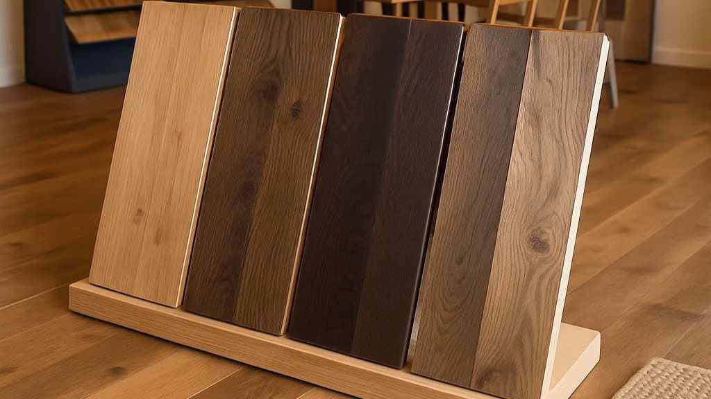 Different types of hardwood flooring showcasing various wood species, colors, grain patterns, and finishes