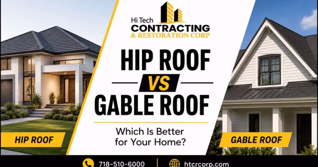 Gable vs hip roof comparison showing two residential roof designs, costs, attic space, wind resistance, and key differences.