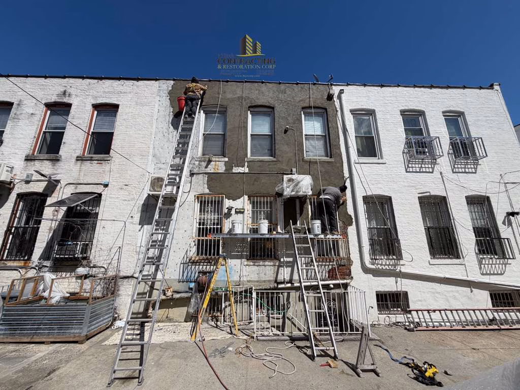 Stucco restoration Bensonhurst Brooklyn with masonry repair and Thorocoat waterproofing
