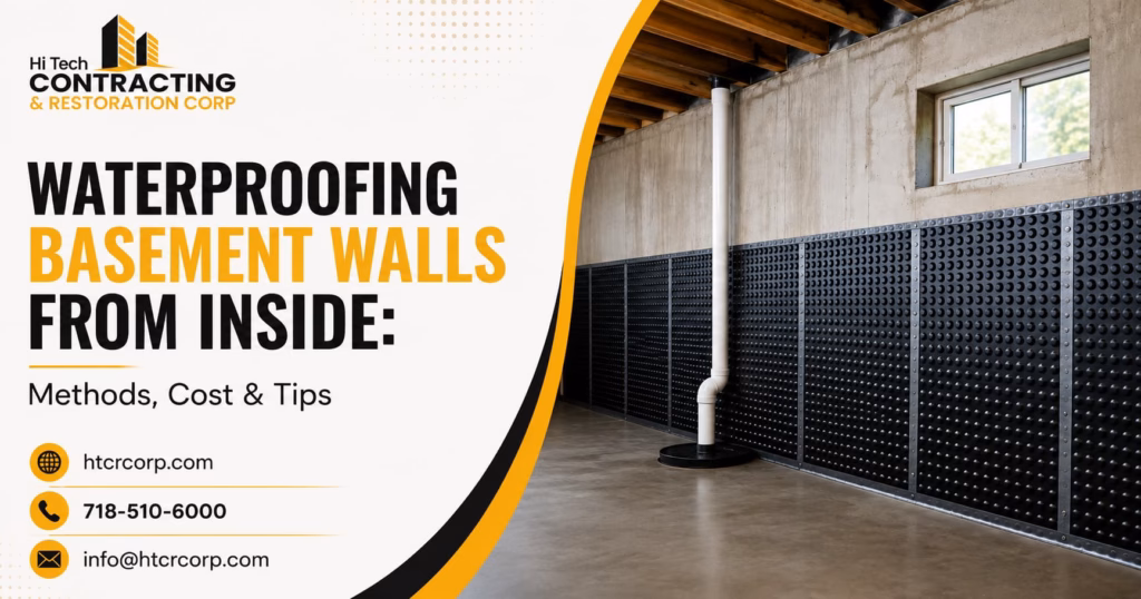 Waterproofing basement walls from inside using interior drainage membrane and sump system